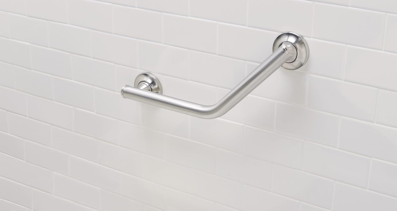 Brushed Nickel Bathroom Safety 16-Inch Stainless Steel Angled Shower Grab Bar for Handicapped or Elderly, RA8716D1GBN