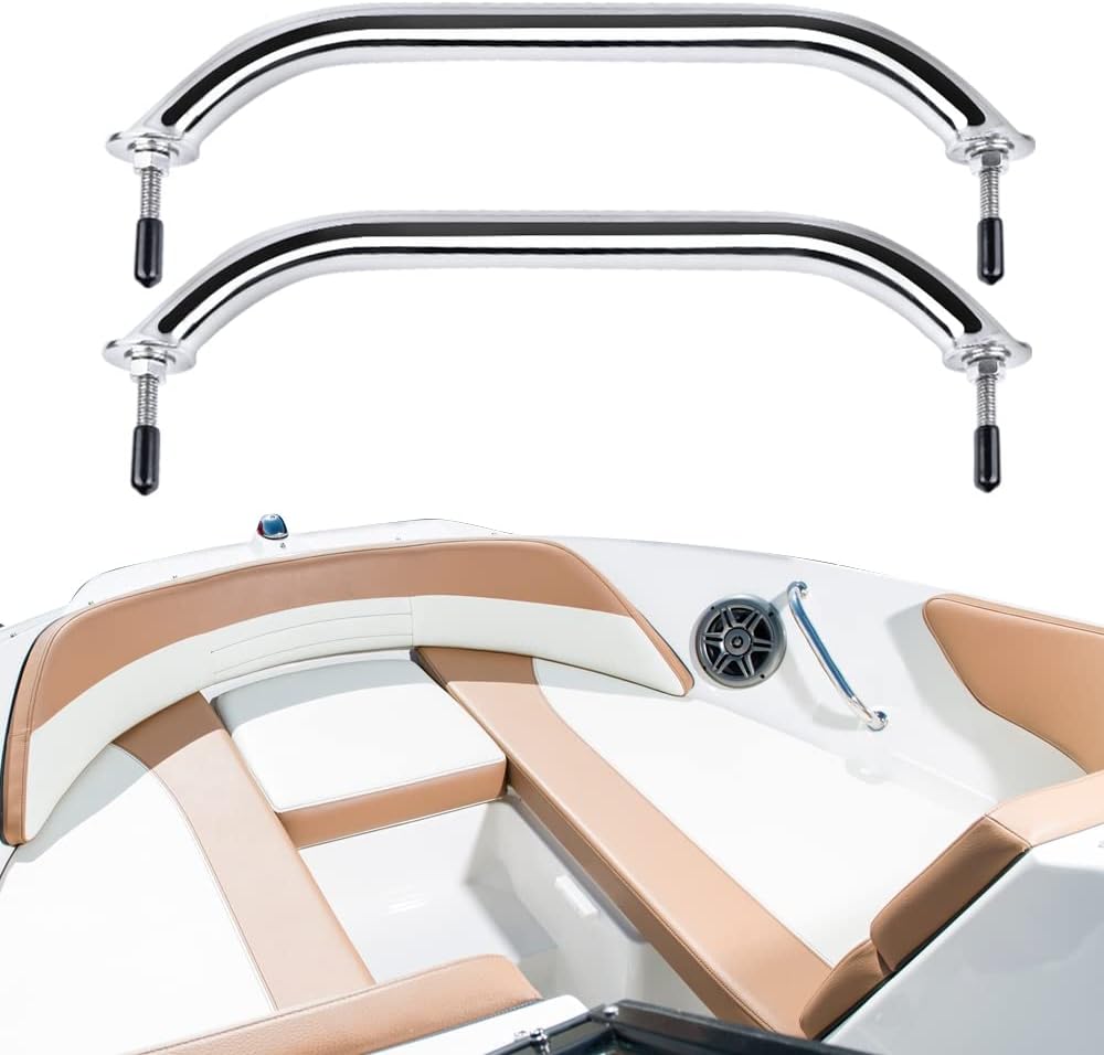 Polished Stainless Handrail,Heavy Duty Oval Boat Marine Grab Handle with Flange & Stud - 12" Long