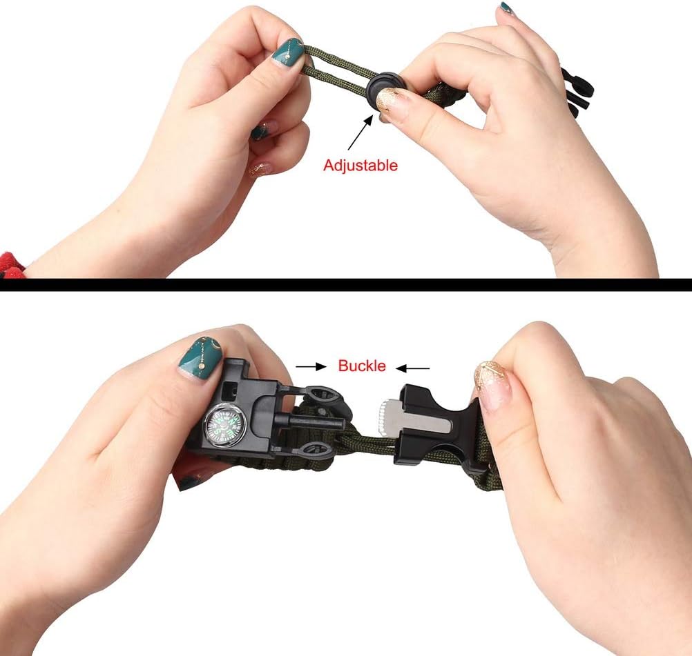 Survival Paracord Bracelet Flint Fire Starter Scraper Compass Wilderness Survival Whistle Adjustable Wristband 2Pack