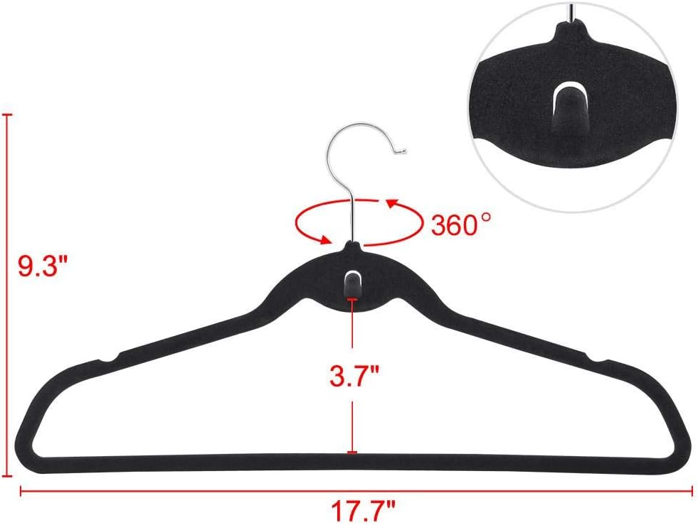 100 Pack Velvet Hangers, Non-Slip Cascading Design, Swivel Hook | 360° Swivel Hook: Easily adjust hanging direction