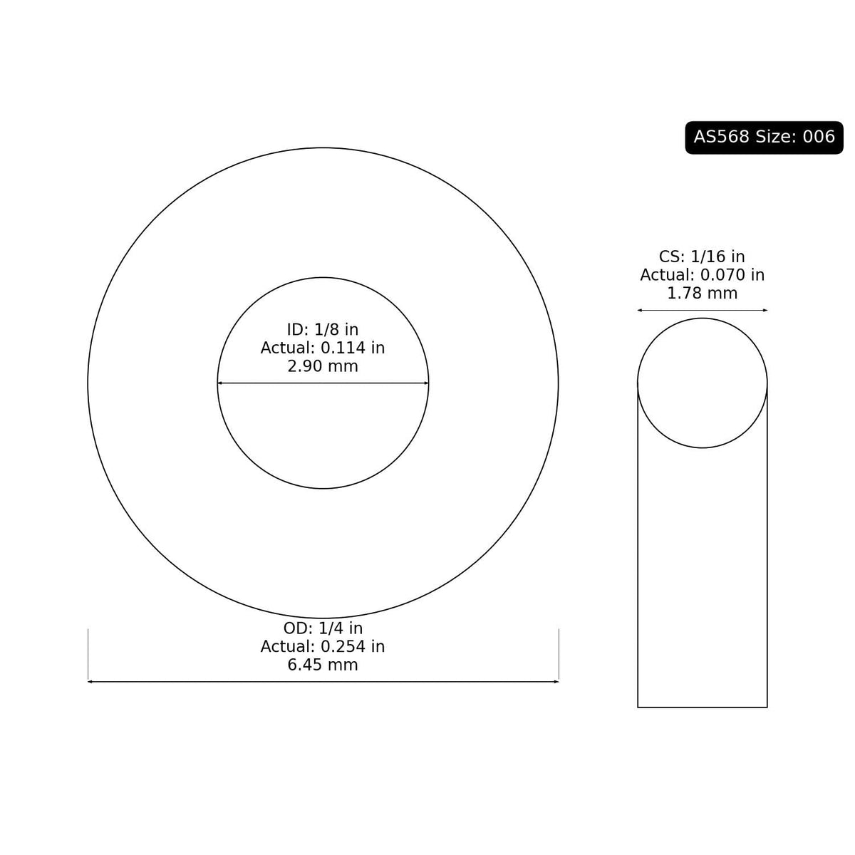 100 PK AS-006 Buna-N O-Ring, 70A 1/8" ID, 1/4" OD, 1/16" Width, Black