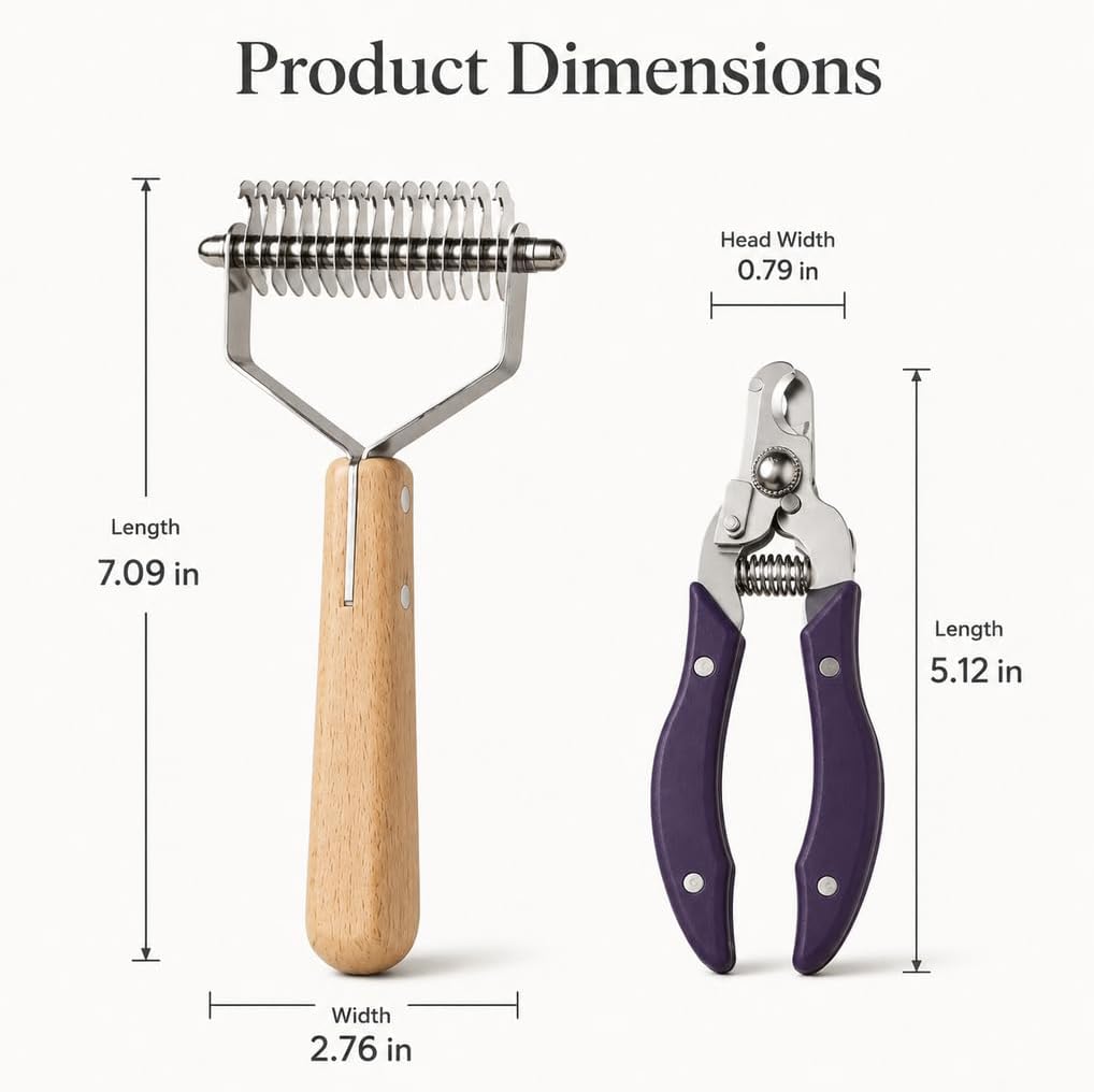 Pet Dematting Rake and Nail Clippers Set - Professional 2-in-1 Undercoat Deshedding Tool with Solid Wooden Handle &