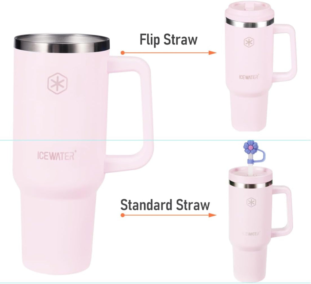 40 oz Tumbler with 2 Lids (Regular Straw and Flip Straw) | 100% Leak-proof Insulated Tumbler with Handle, Cup Holder