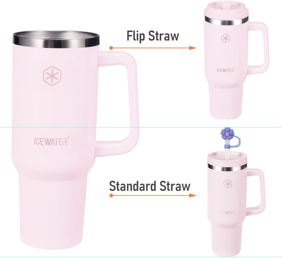 40 oz Tumbler with 2 Lids (Regular Straw and Flip Straw) | 100% Leak-proof Insulated Tumbler with Handle, Cup Holder