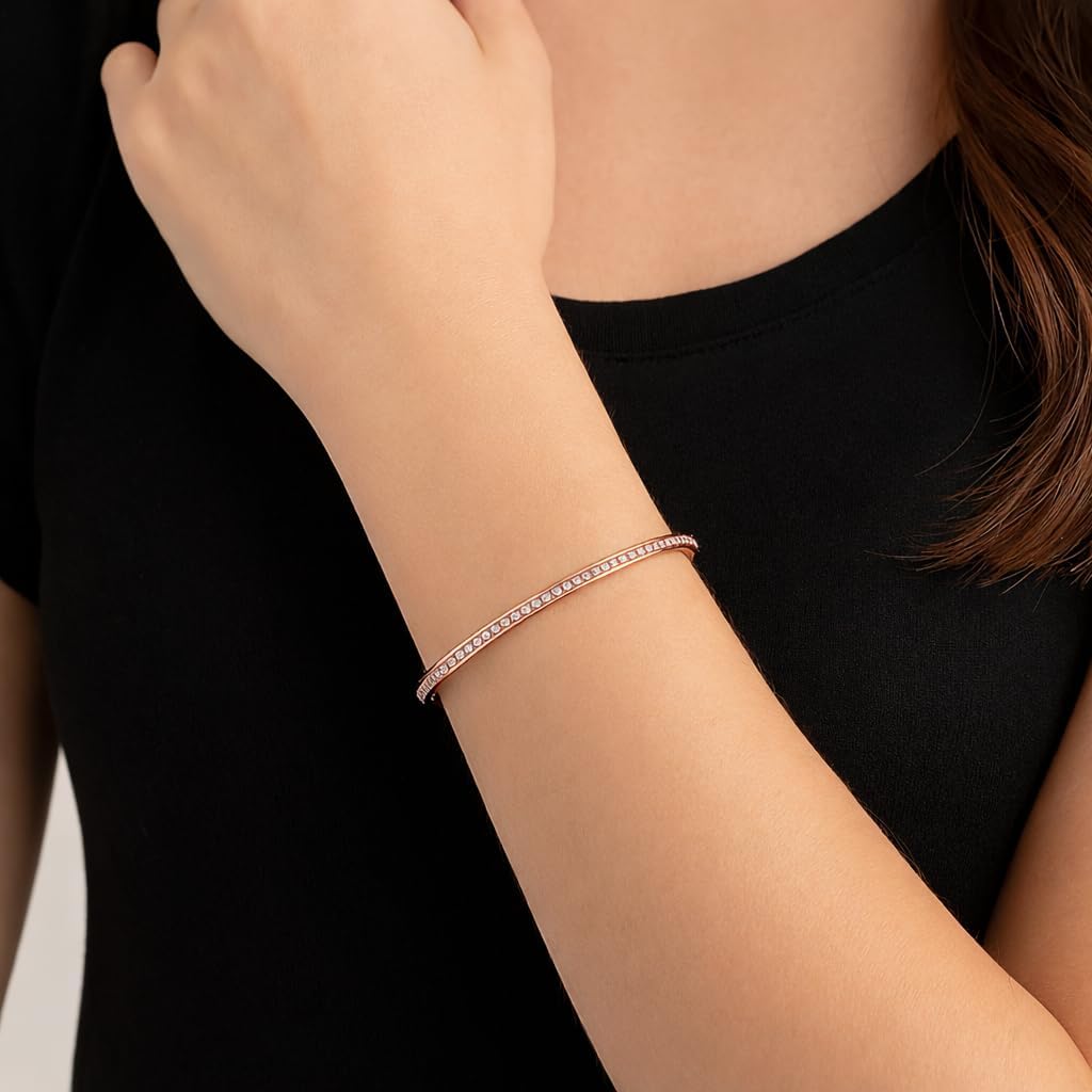 Stainless Steel Skinny Sleek Bangle with White CZ, Silver-Tone Bracelet, 8-Inch, Elegant Minimalist Design, Perfect