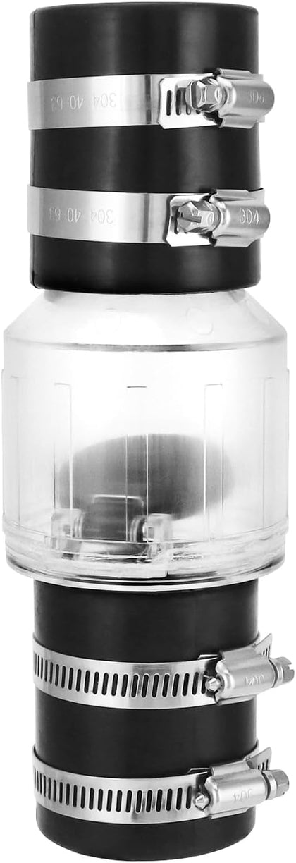 Silent Check Valve Model CV-150, 1-1/2 Inch Spring-Loaded Valve with Clear Body, Buna-N Couplings and Steel Clamps