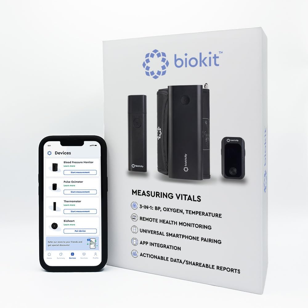 Biokit | Digital First Aid Kit | 3-in-1 Smart At-Home Health Monitoring System | Blood Pressure Cuff | Touchless