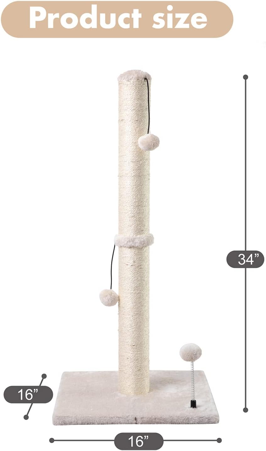 34” Tall Cat Scratching Post Premium Basics Kitten Scratcher Sisal Scratch Posts Trees with Hanging Ball for Indoor