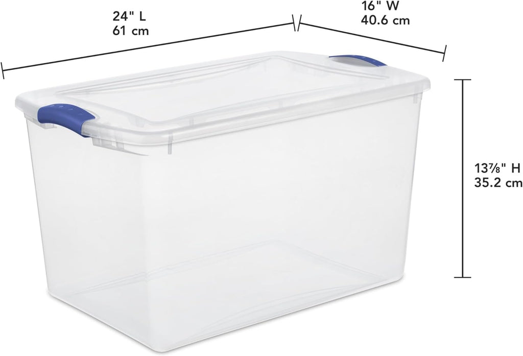 Large Storage Bin, 66 Quart Clear Plastic Storage Container with Latch Lid, Blue Latch