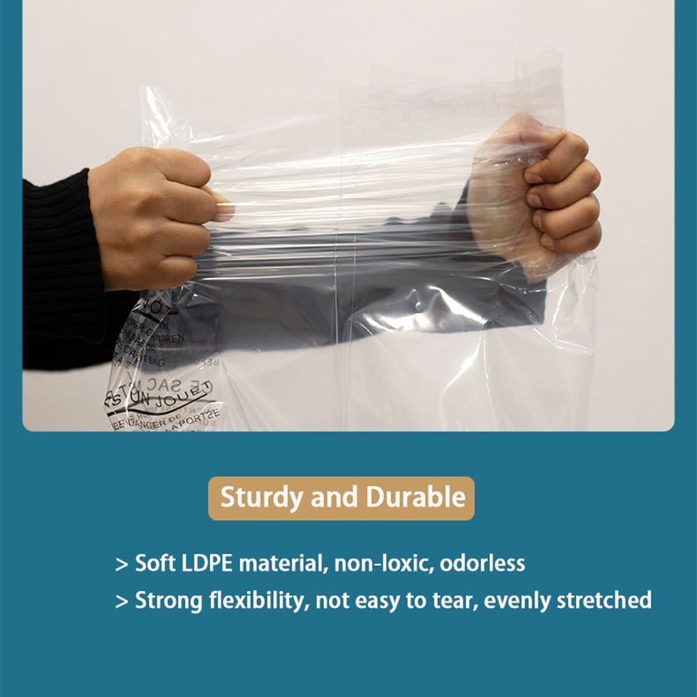 Clear Poly Bags with Suffocation Warning for Packaging, T Shirts & Mailing - Permanent Adhesive (100 Count 9''x12'')