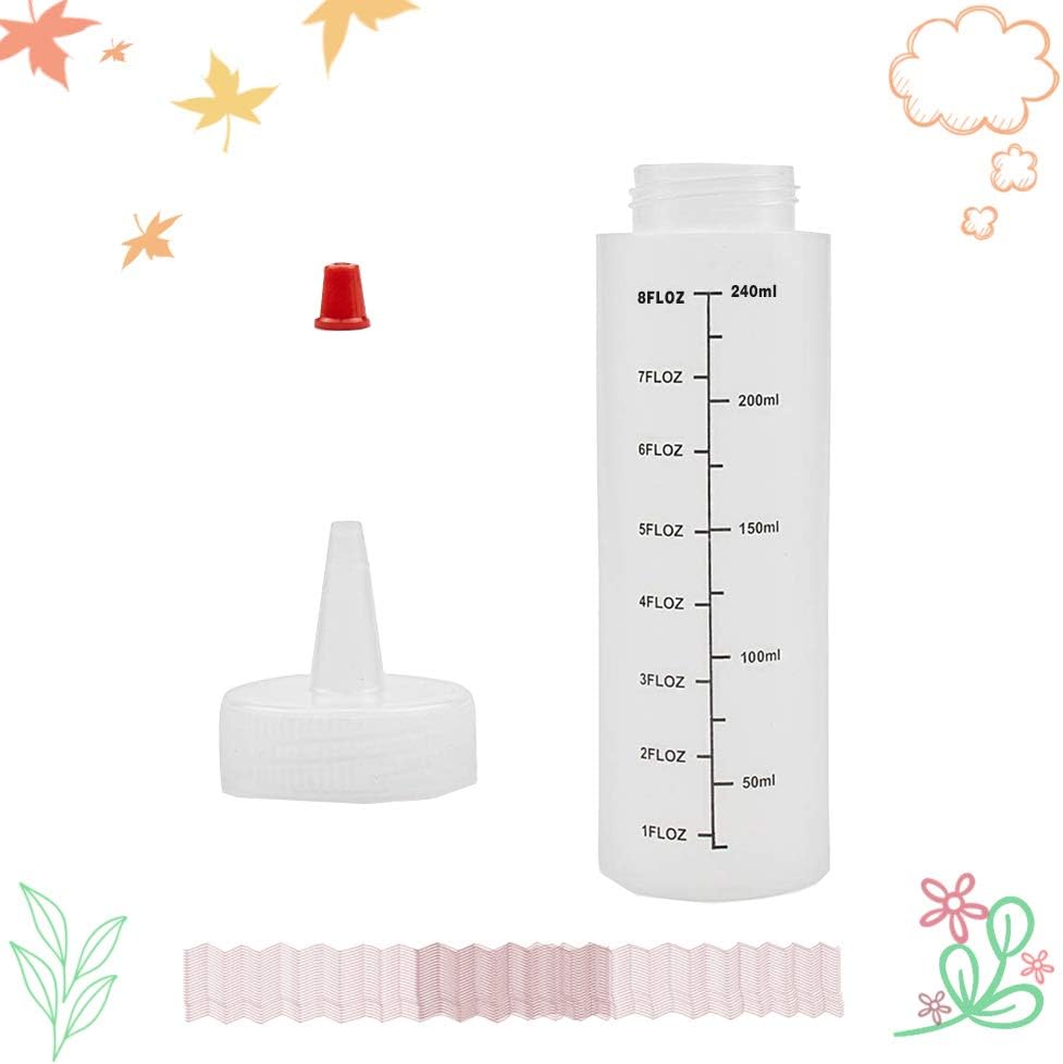 12 Pack 8 oz Plastic Squeeze Bottles with Red Tip Cap and Scale