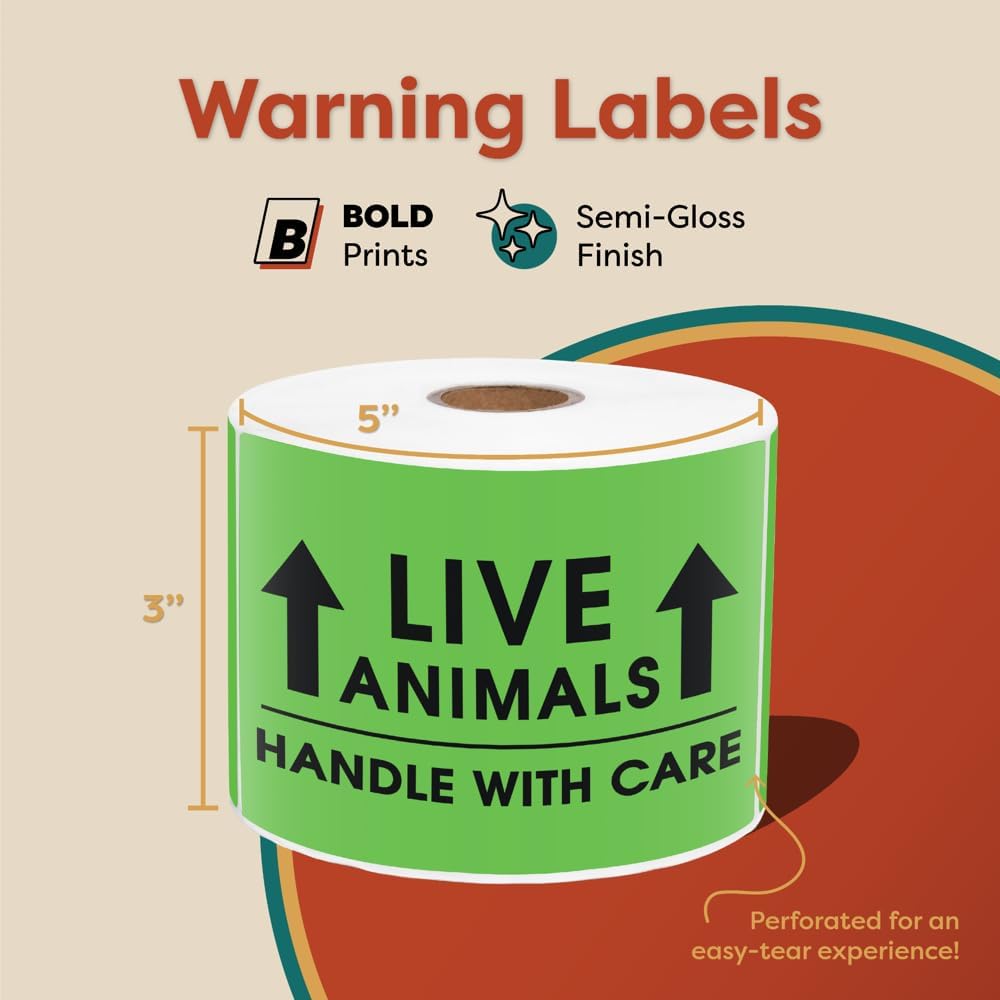 3" X 5" Live Animals This Side Up Shipping Stickers - Handle with Care
