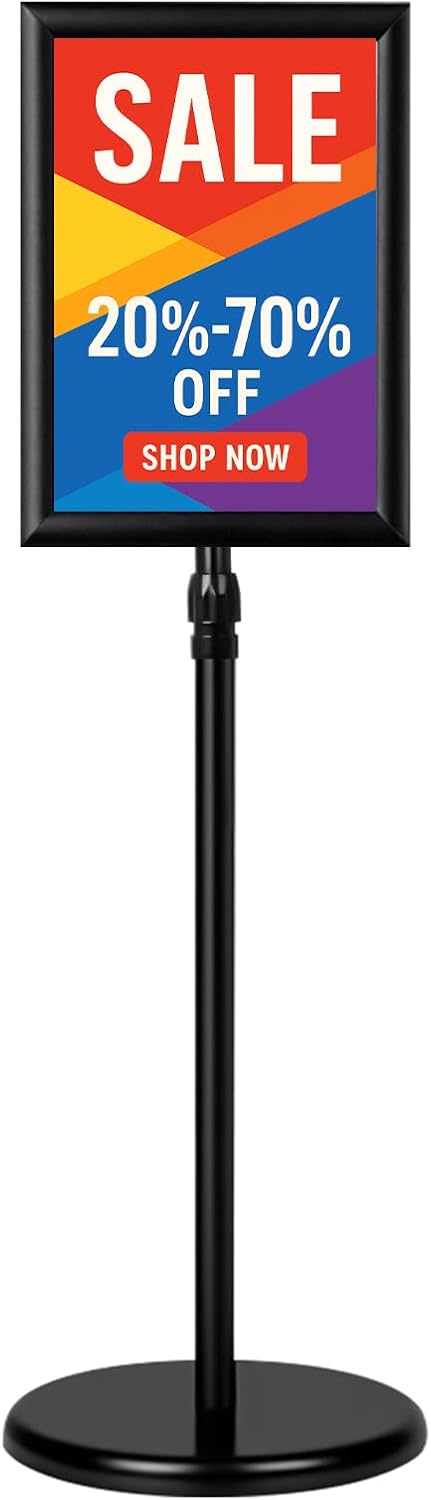 Adjustable Sign Holder Floor Stand, 8.5x11 Inch Poster Display With Heavy Duty Pedestal Aluminum Snap Open Frame for