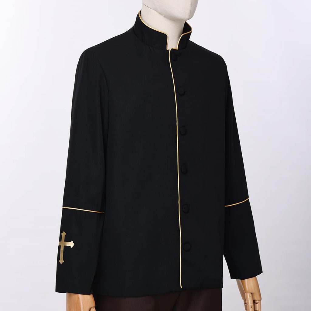 Mens Clergy Coat Church Priest Robe Vestment Stand Up Collar Button Down Top Outwear for Pastor