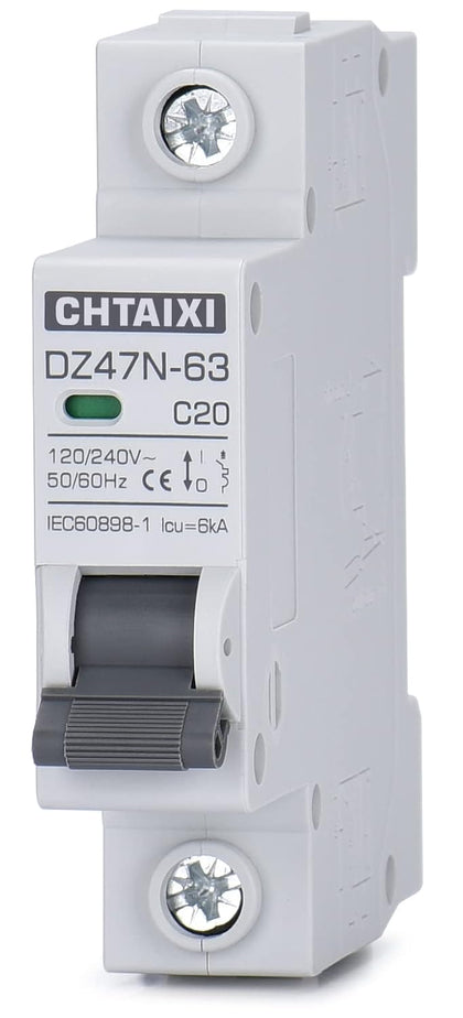 AC Miniature Circuit Breaker, 20 Amp 120V/240V 1 Pole | DIN Rail Mount, Thermal Magnetic Trip, Solar AC Disconnect
