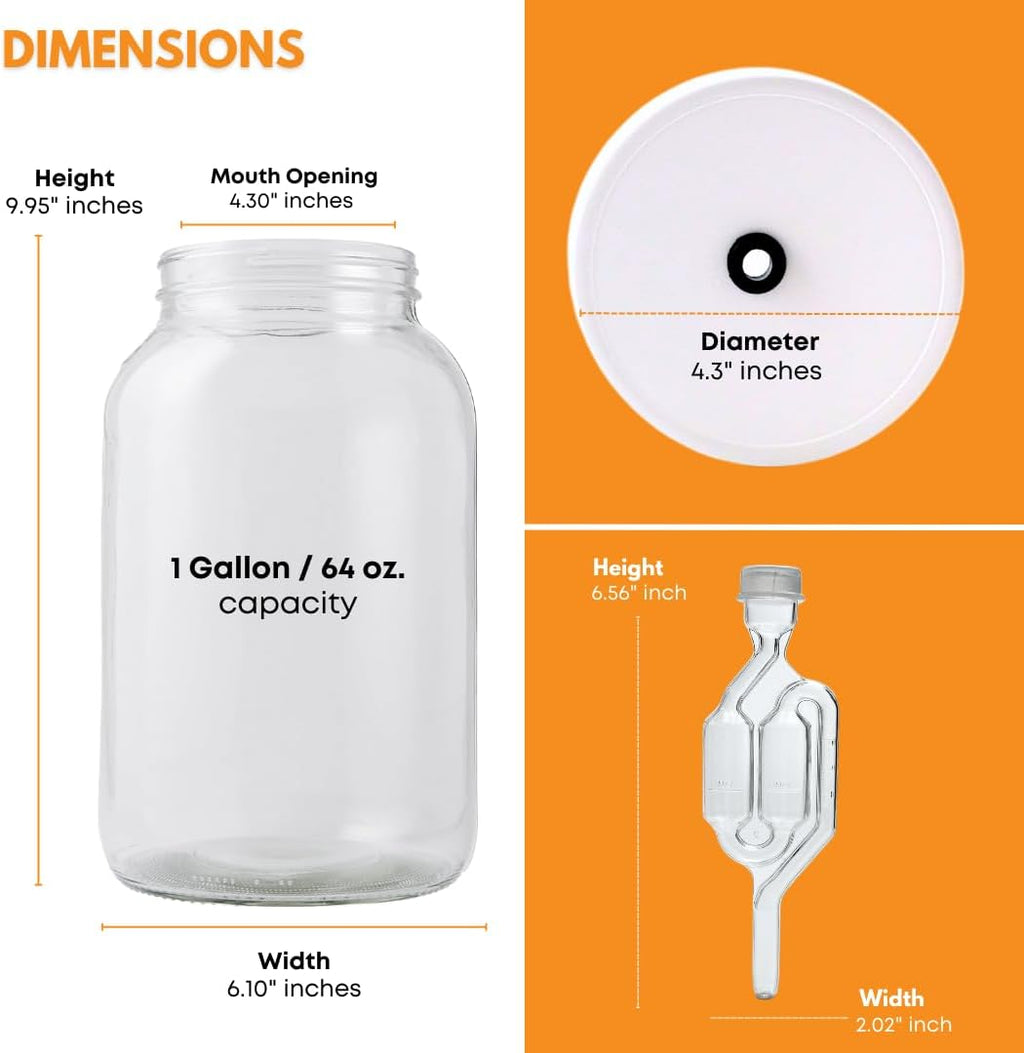 2-Pack 1 Gallon Glass Jar with Lid | Wide Mouth Twin Bubble Airlock Set | Heavy-duty Glass Jars with Airtight Lid for