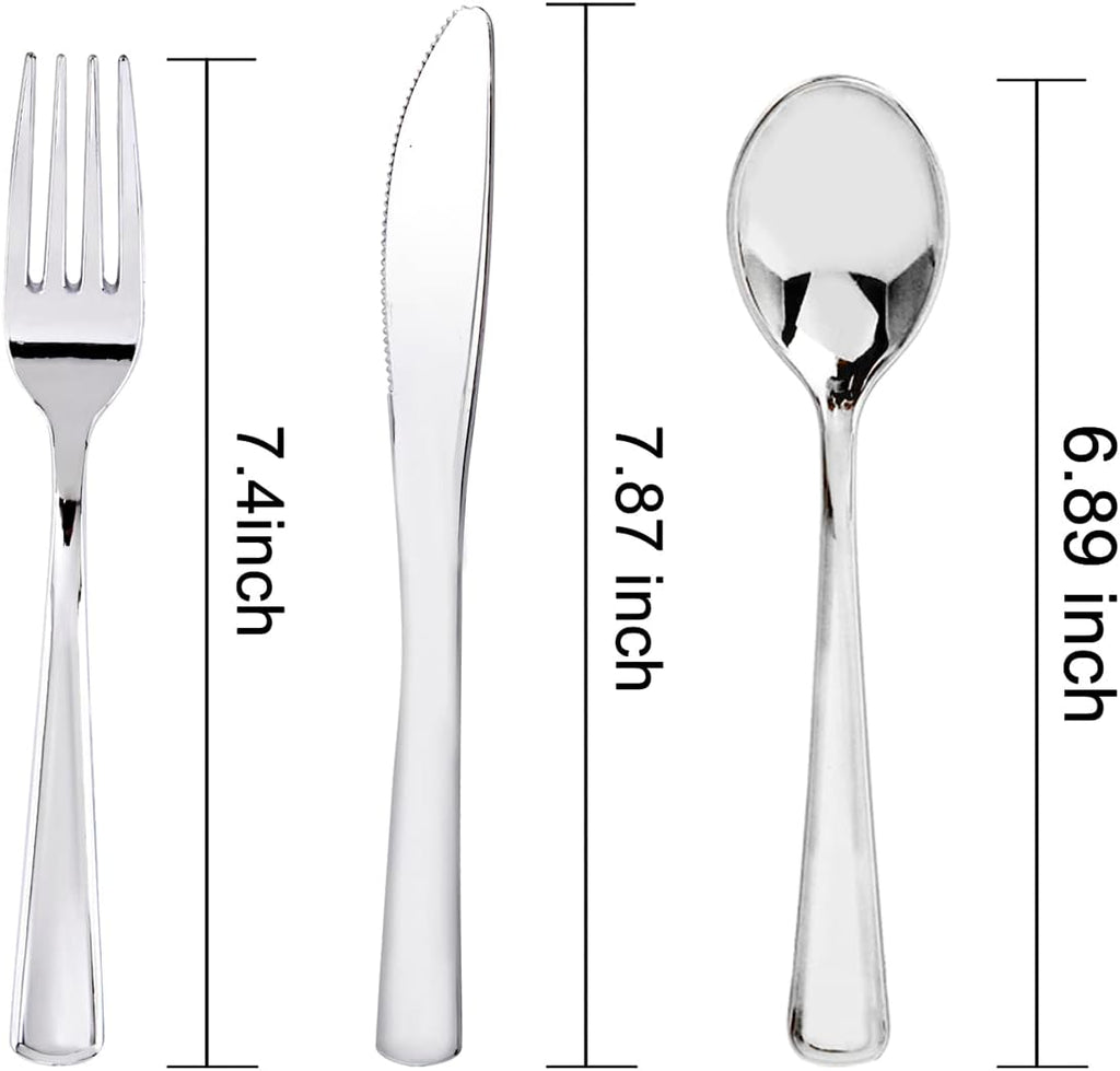 300 Pieces Silver Plastic Silverware - Plastic Silverware Heavy Duty - 100 Forks 100 Knives 100 Spoons - Disposable