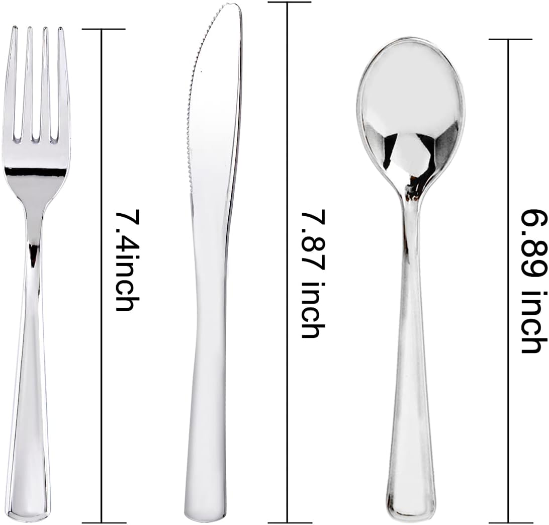 300 Pieces Silver Plastic Silverware - Plastic Silverware Heavy Duty - 100 Forks 100 Knives 100 Spoons - Disposable