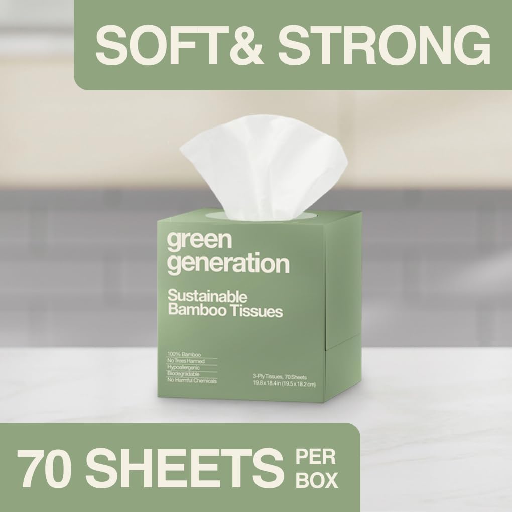 Bamboo Facial Tissues Cube Boxes - 3-Ply, 70 Sheets/Box, 12 Multicolor Face Tissue Boxes, 840 Unscented Organic Soft