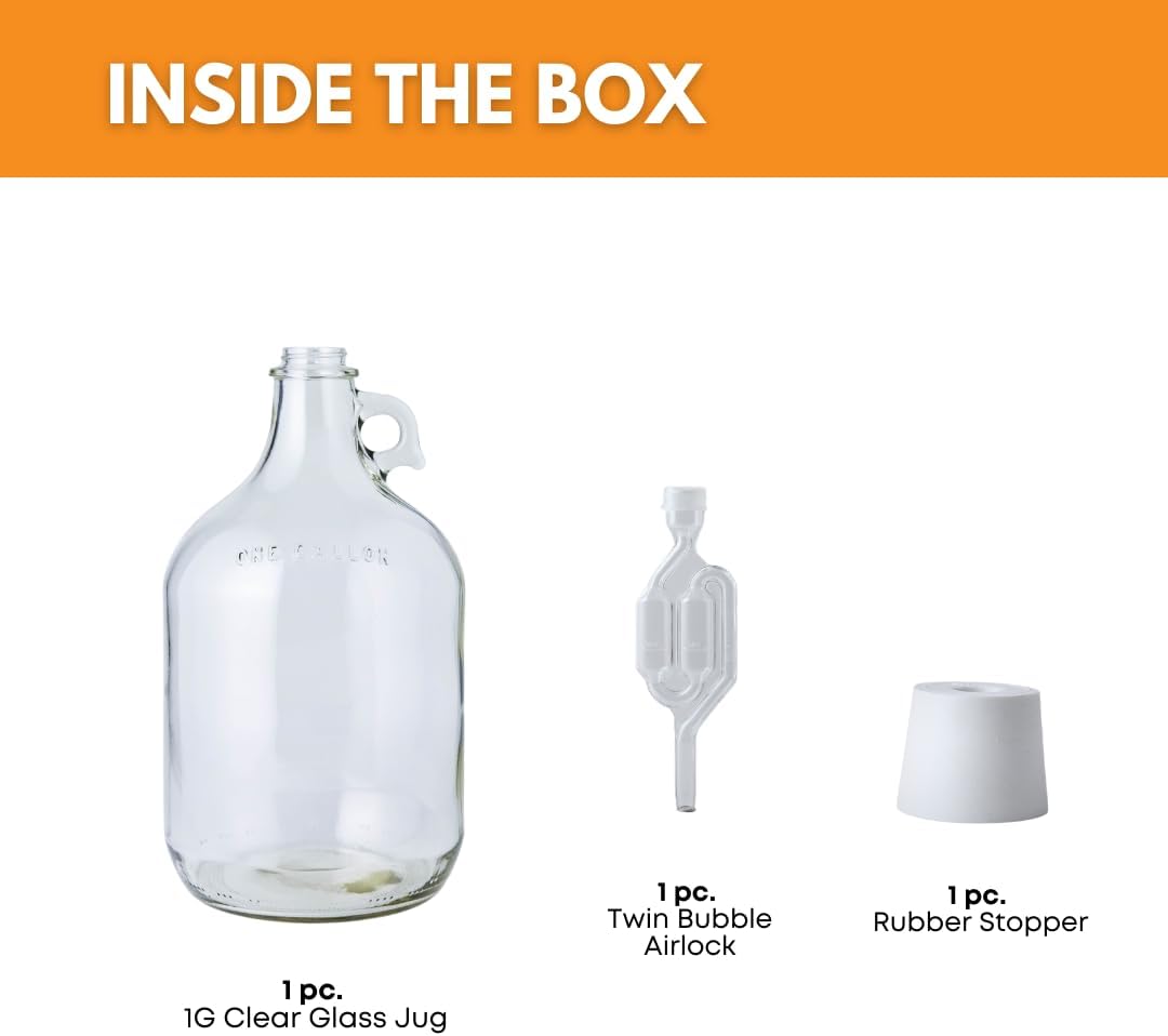 1 Gallon Glass Jug with Airlock, #6.5 Rubber Bung and Twin Bubble Design | Clear Fermentation Jug for beer, wine