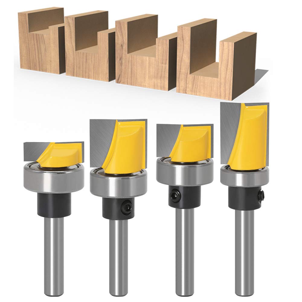 Flush Trim Router Bit Set, 4Pcs 1/4" Shank Ball Bearing Carbide | Anti-kickback anti-stick coating, balanced cut
