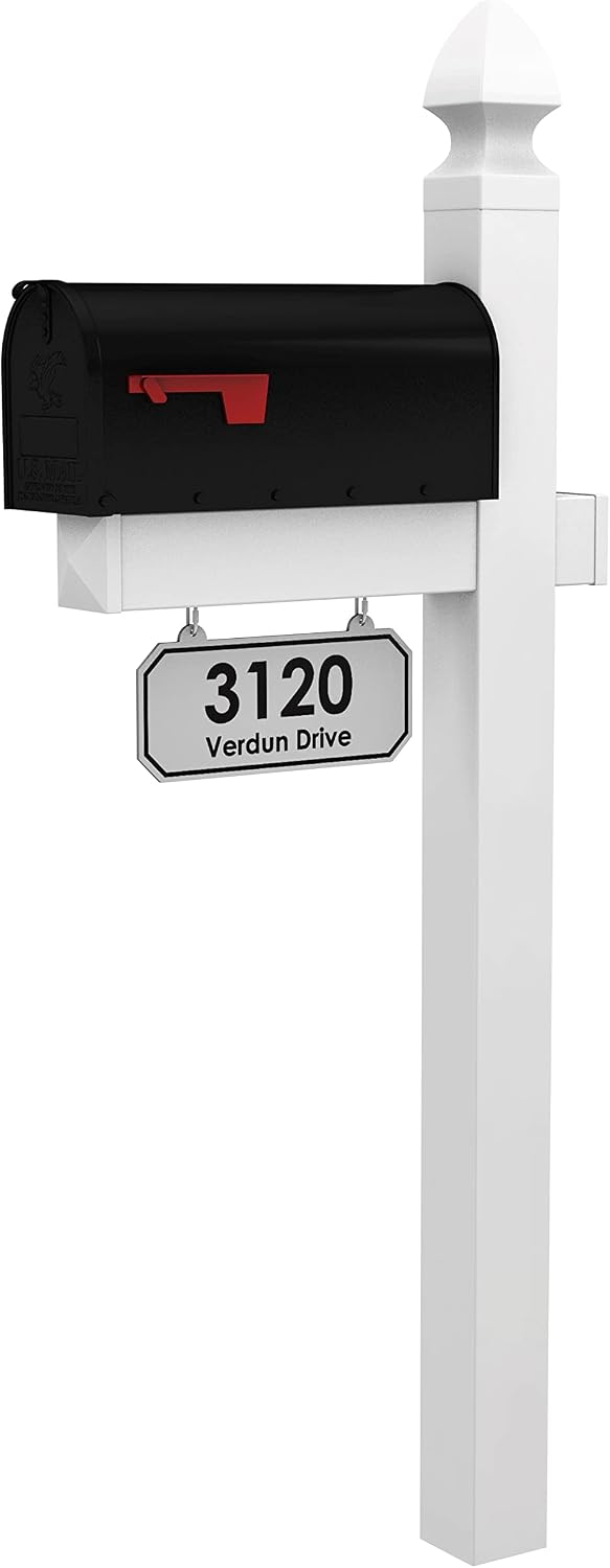Loudon White Vinyl No-Dig Mailbox Post System & Mailbox | Includes a ground anchor stake for easy no-dig