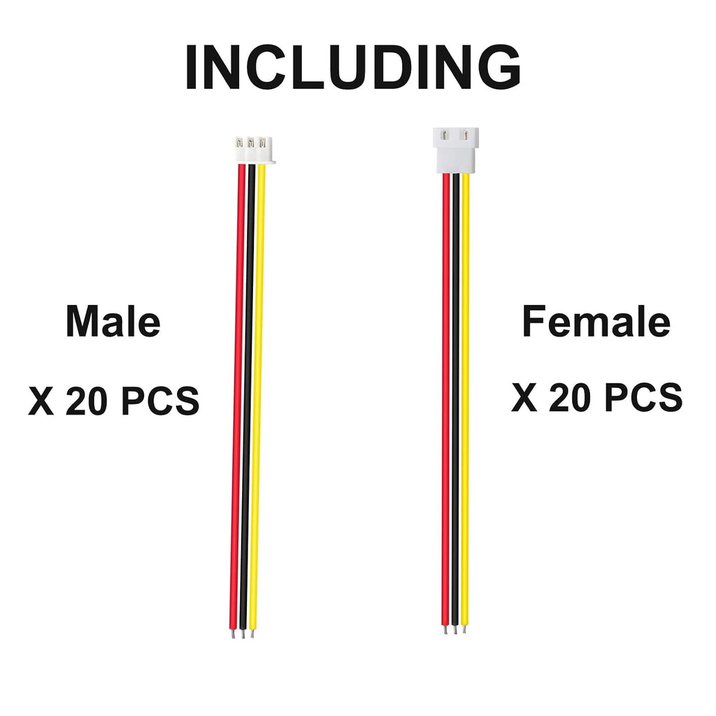 JST XH 2.54mm 3 Pin Connector,20 PCS Male Plug and 20 PCS Female Socket, Micro Wire Connectors with 100mm Extension Cable AWG 26