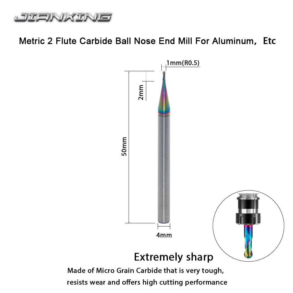 1mm Dia. R0.5 2-Flute Carbide Ball Nose End Mill, 3 Pcs