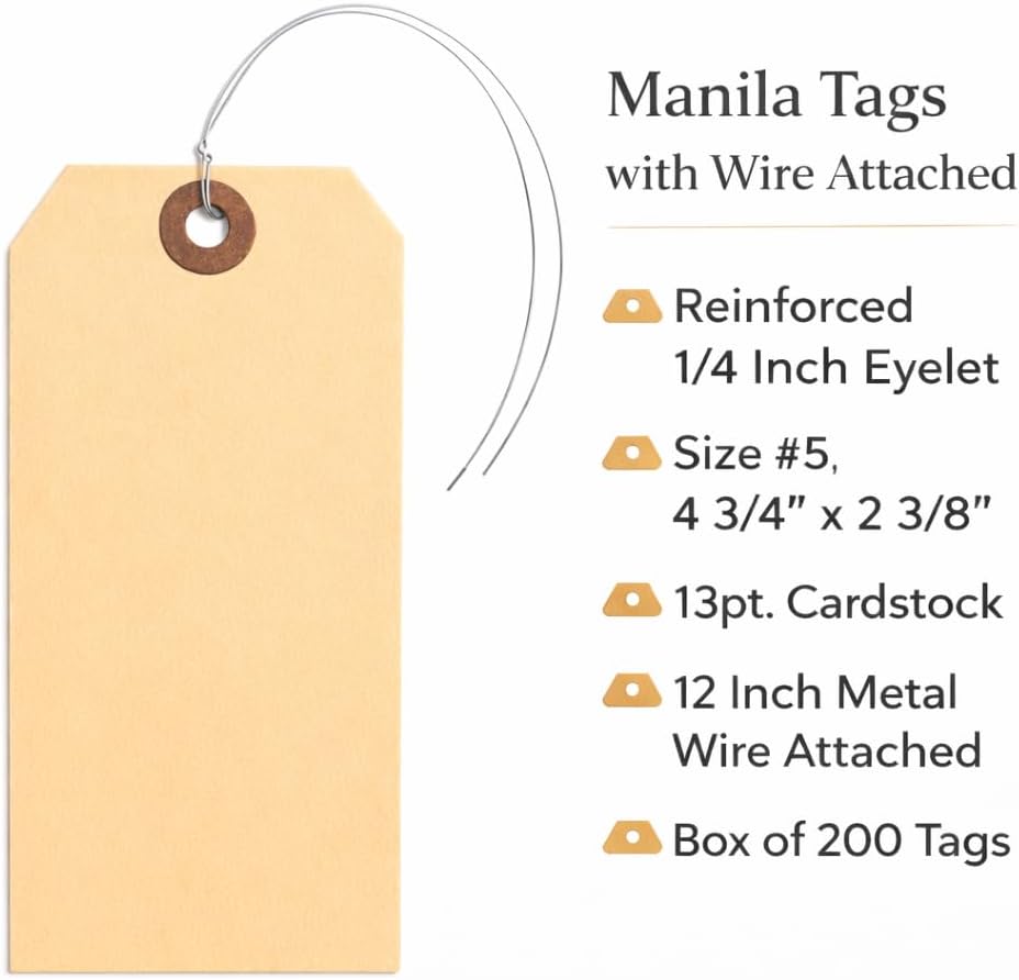 Durable Manila Tags with Wire Attached, #5, 4 3/4" x 2 3/8", 200 Tags