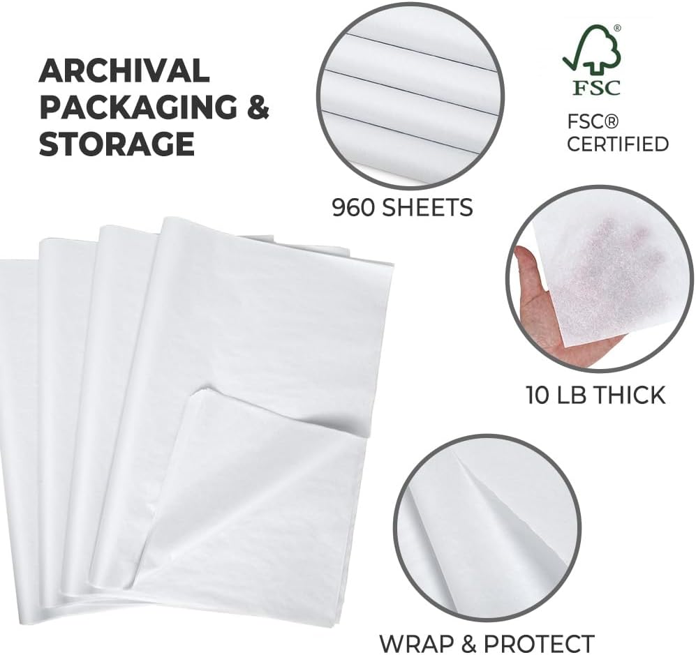 White Tissue Paper Bulk Quantity, 960 Sheets, Acid Free Tissue Paper for Storage, 15 x 20 Inch Sheets