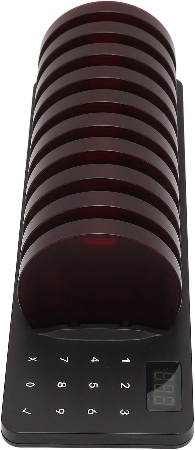 Wireless Calling System with 1 Host and 10 Pagers, 300m Range, Disc Charging, Flashing, Buzzer, and Vibration