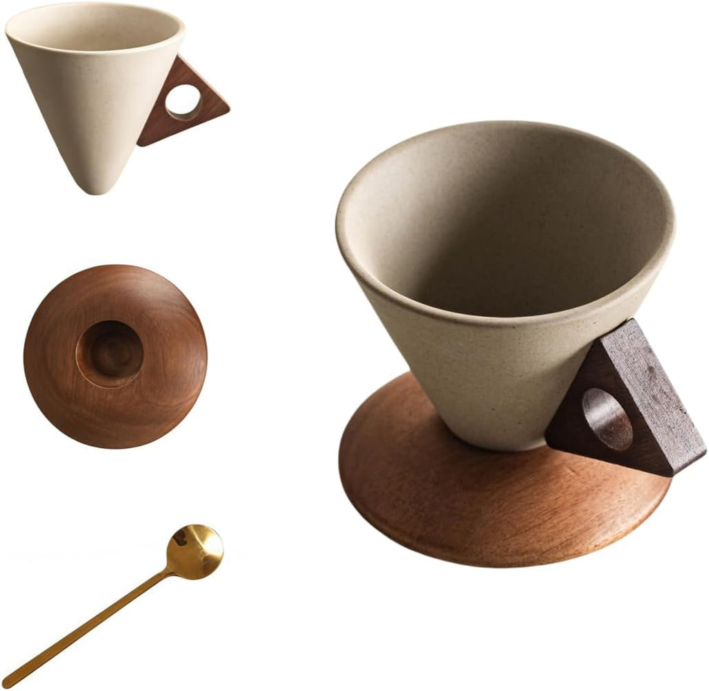 250ML- Retro ceramic coffee mug, Creative Cone coffee cup set for women elegant small- Solid wood handle and coaster