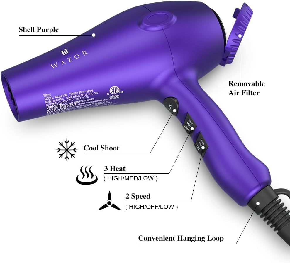 Powerful Hair Dryer - 1875W Ionic Blow Dryer with Diffuser, Nozzle, Comb | Professional Lightweight Fast Drying with