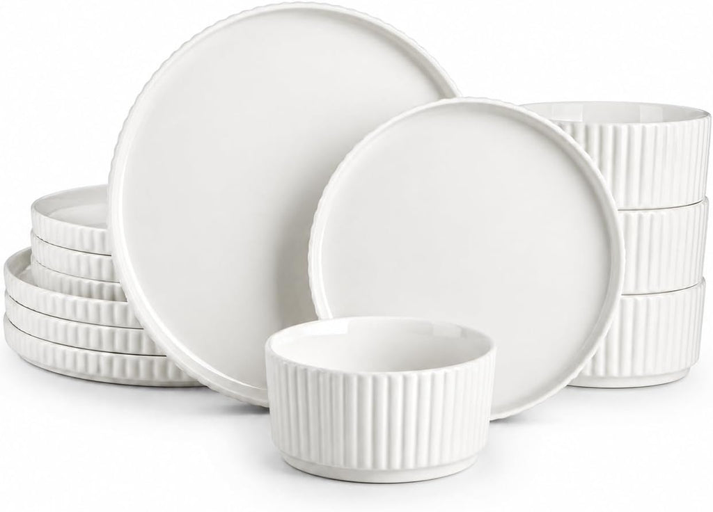 Porcelain 12 Pieces Plates and Bowls Set, Dinnerware Set for 4
