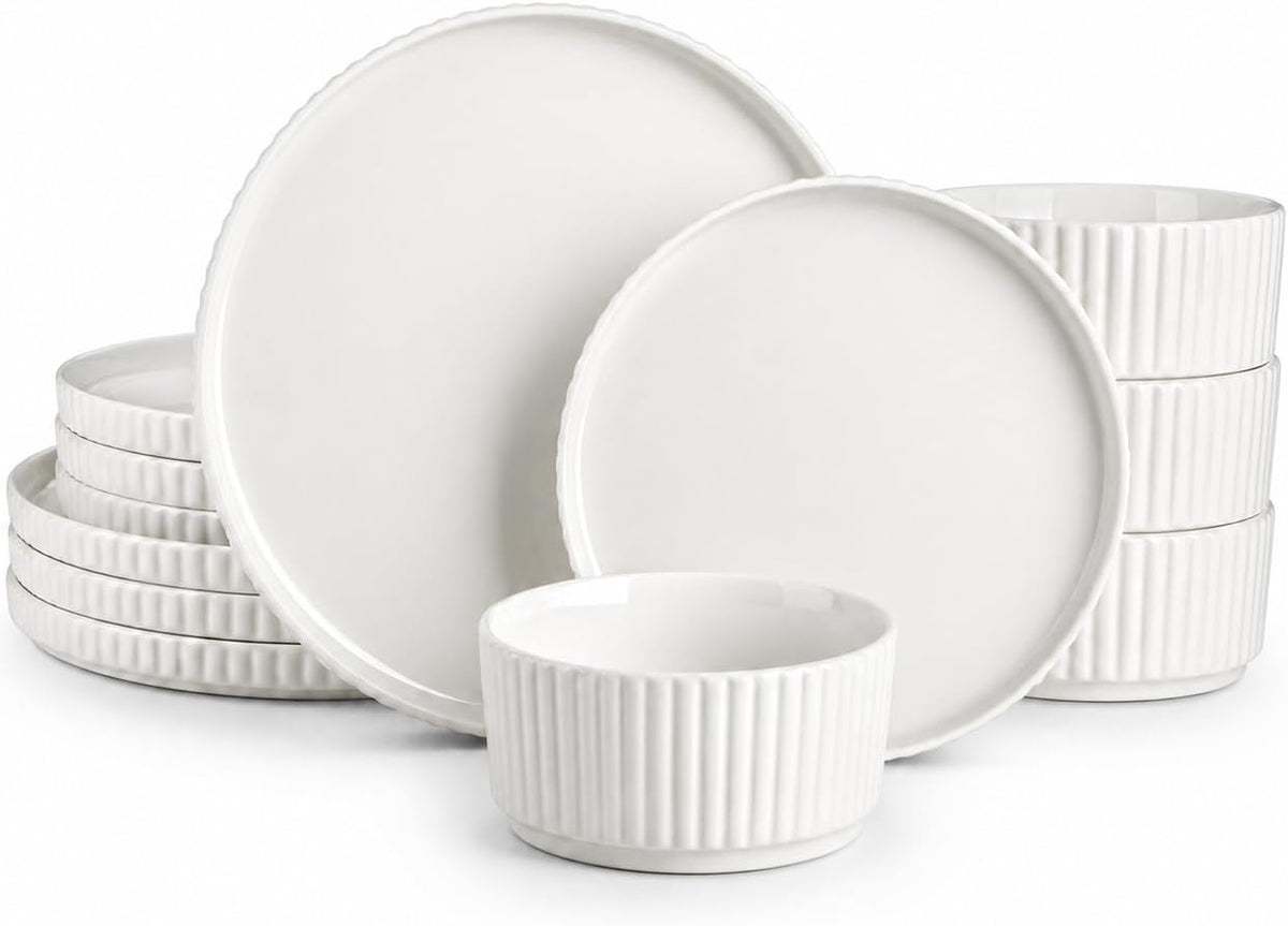 Porcelain 12 Pieces Plates and Bowls Set, Dinnerware Set for 4