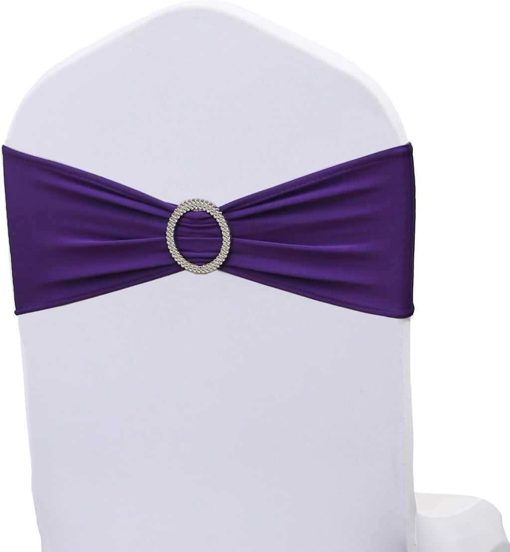 Purple Chair Sashes Bows - 50PCS Stretch Spandex Chair Sashes Bands with Buckles Slider Universal Elastic Chair Ties