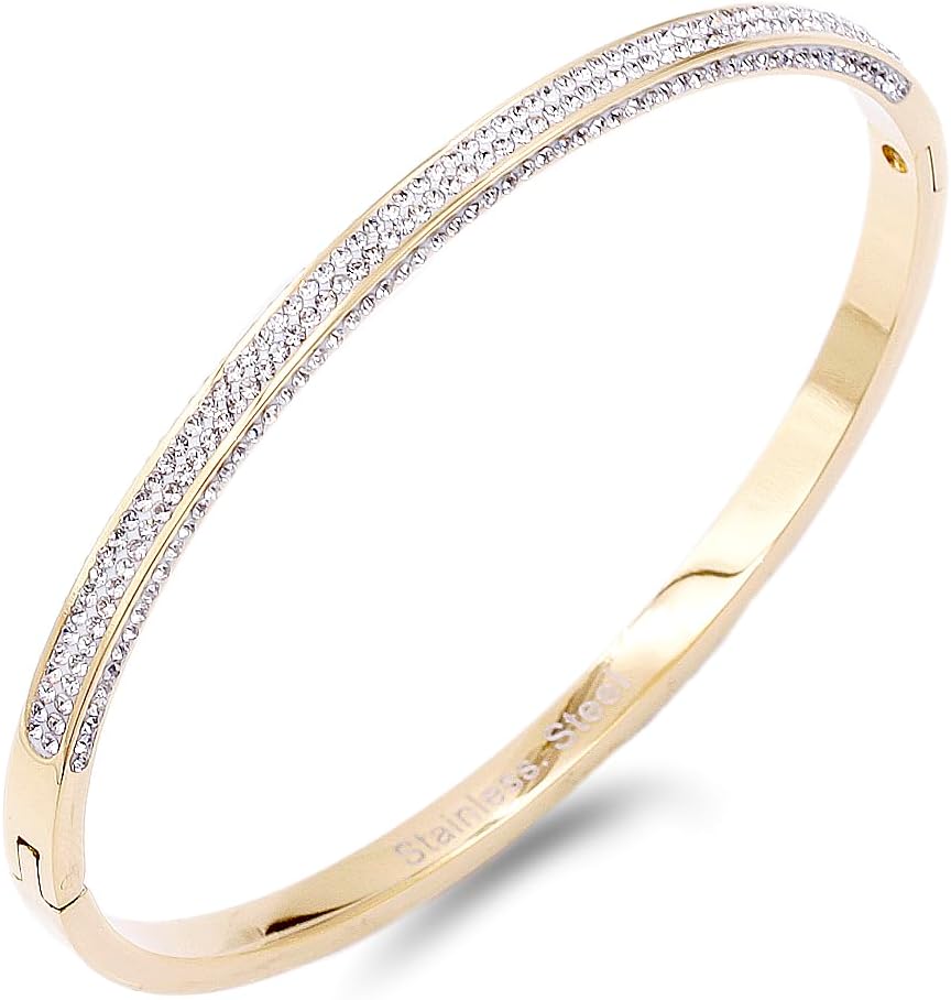 Gold Plated Stainless Steel with CZ Stones Hinged Bangle 6mm Width Bracelets fow Women 7"