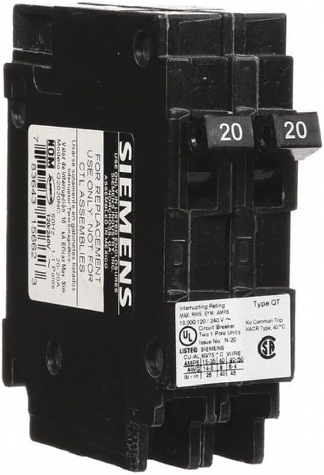 Siemens -HI Q2020NC Two Single Pole 120V Non-Current Limiting Circuit Breaker, 20 Amp, Black