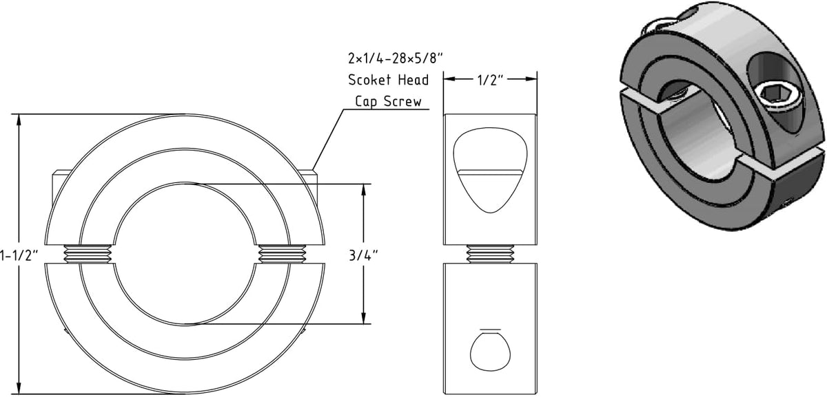 3/4" Shaft Collar Double Split Clamp-on Carbon Steel with Set Screw 4-packed