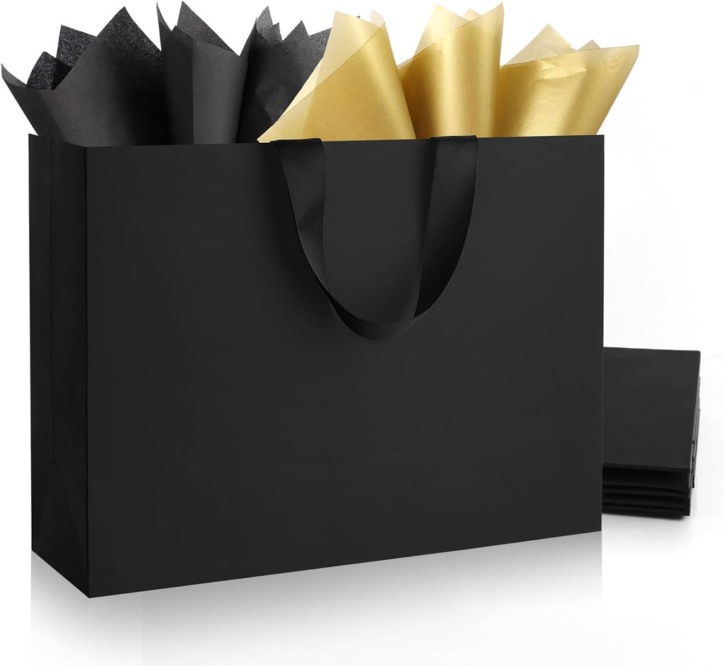 6 Pack Extra Large Black Gift Bags with Handles and Tissue Papers