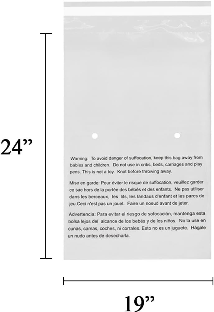 19” X 24” (25 Count) Self Seal Clear Poly Bags with Suffocation Warning for Packaging, Shipping - Permanent Adhesive