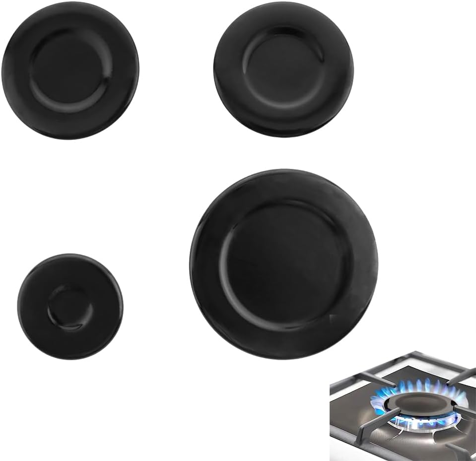Gas Stove Burner Cap Set, 4 Pack Cooker Hob Gas Burner Cap, Metal Cooker Hat Replacement Kit, Compatible with SABAF Stoves, Black Concave Oven Crown Flame Cap Cover, 3.93" x 1, 2.95" x 2, 2.2" x 1