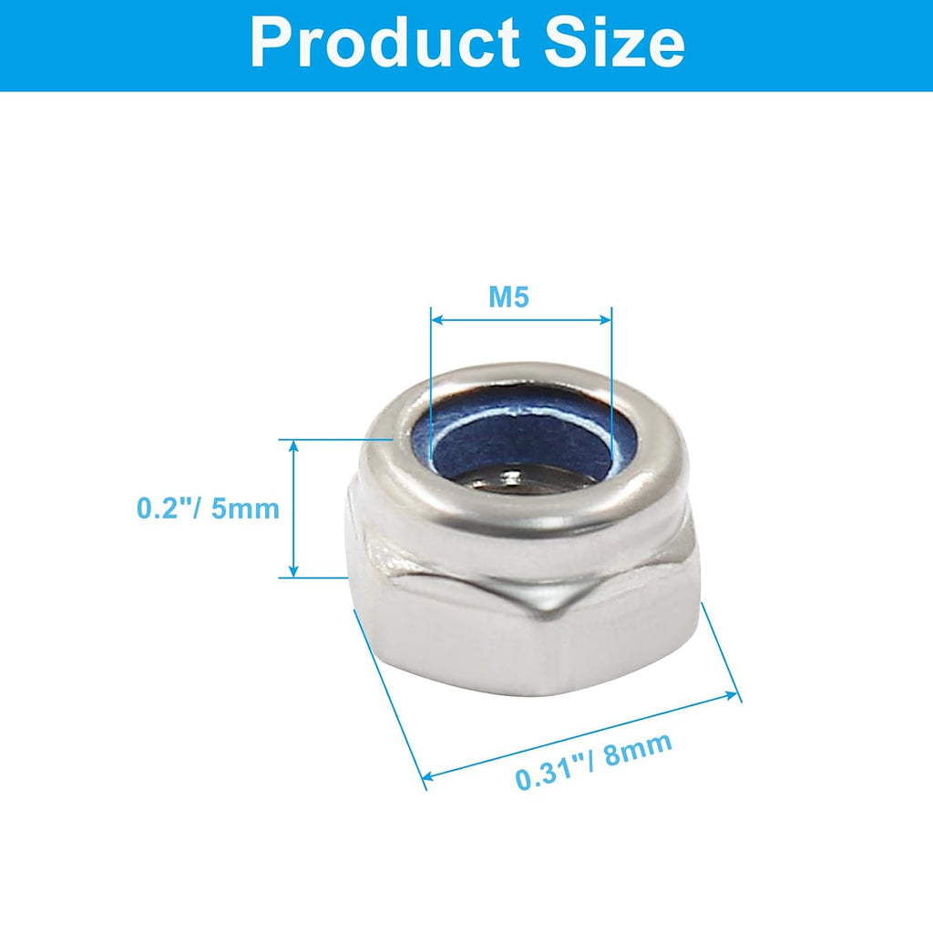 Hordion 50Pcs M5-0.8mm Nylon Lock Nut, Stainless Steel Nylon Insert Locknut