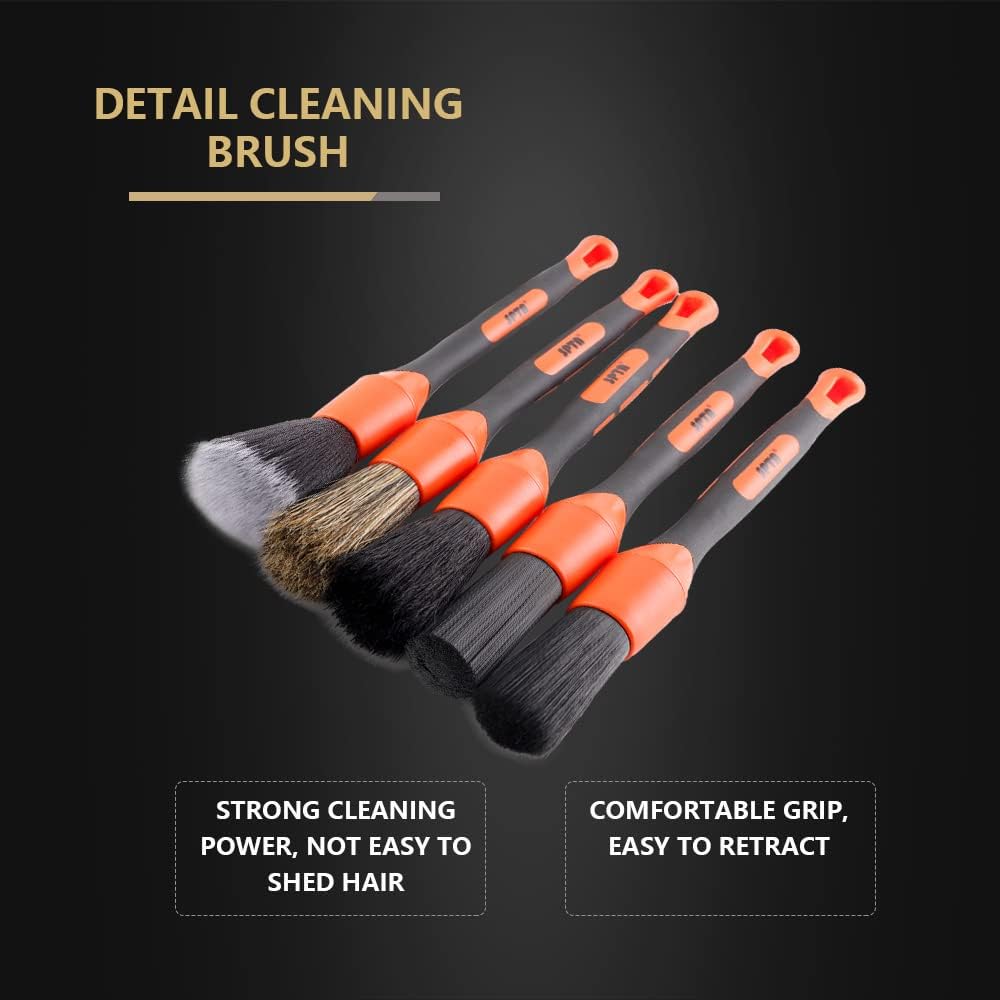 Car Detailing Brush Set, 5 Pack Soft Boar Hair Auto Detail Brush Kit with Elbow for Automotive Elegant Surface