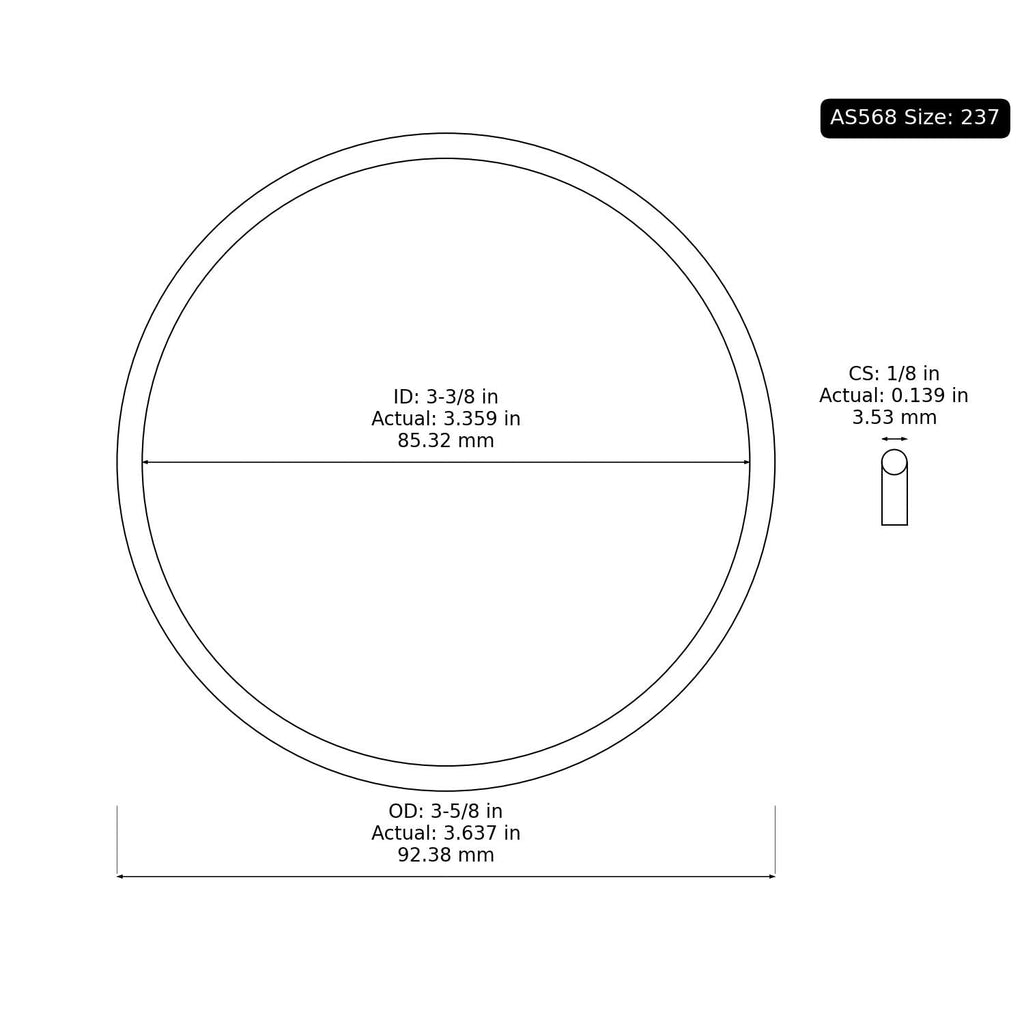 20 PK AS-237 Buna-N O-Ring, 70A 3-3/8" ID, 3-5/8" OD, 1/8" Width, Black