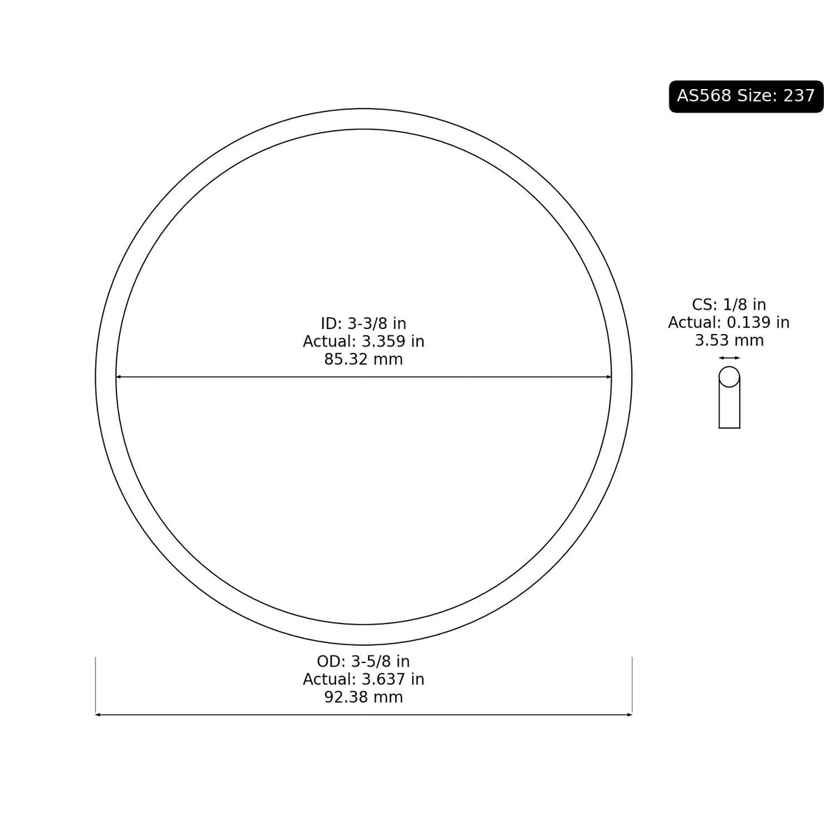 20 PK AS-237 Buna-N O-Ring, 70A 3-3/8" ID, 3-5/8" OD, 1/8" Width, Black