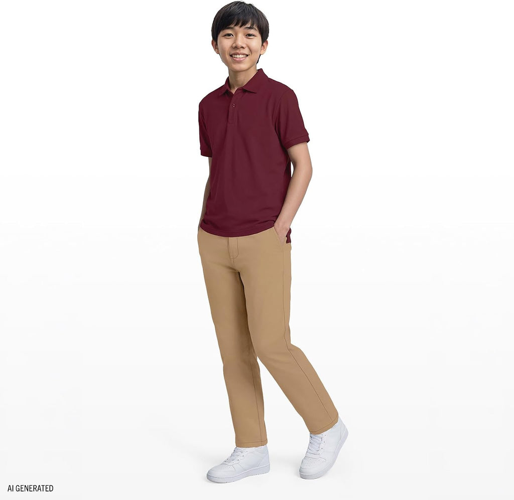 Boys' School Uniform Short Sleeve Polo Shirt, Button Closure, Comfortable & Soft Pique Fabric