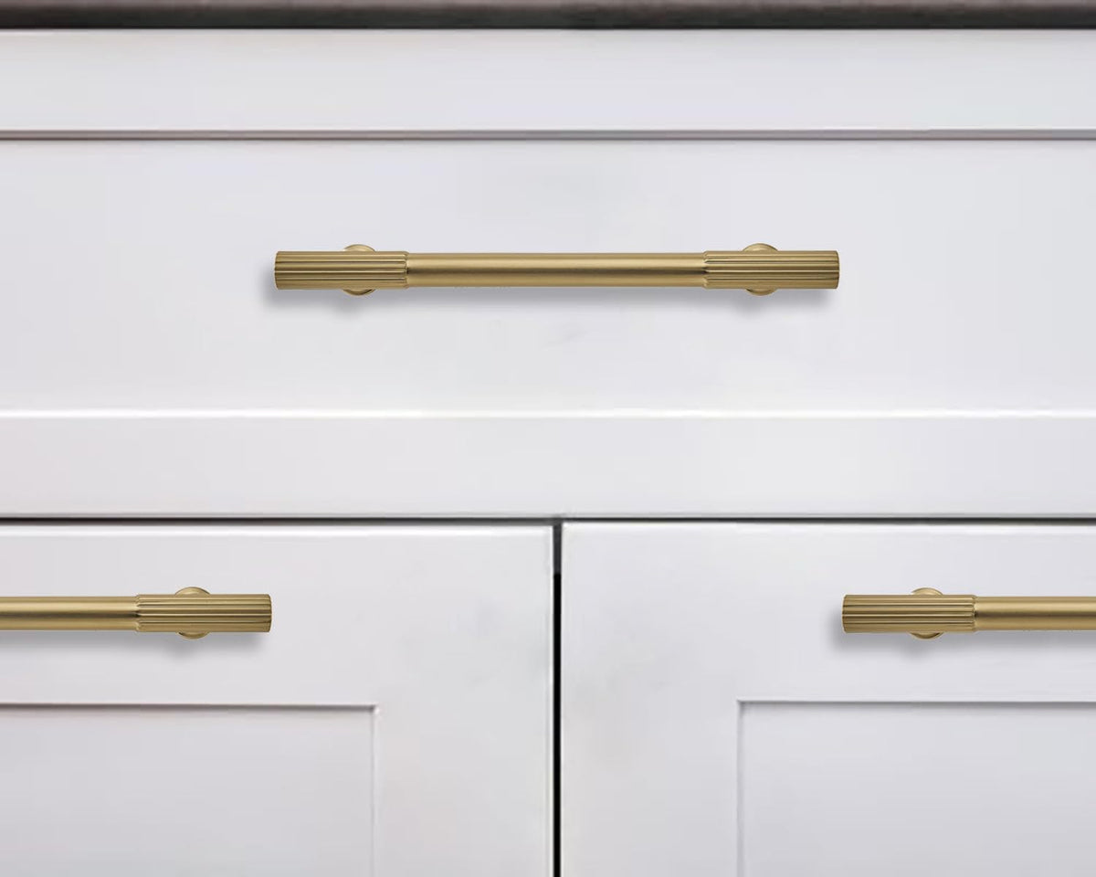 5 Inch Hole Center 5 Pack Brushed Brass Heavy Duty Solid Warm Brass Cabinet Pulls, Kitchen Drawer Handles