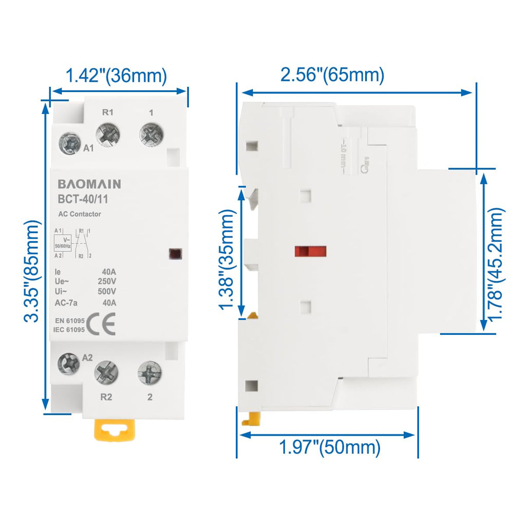 BAOMAIN 220V AC 2-Pole 40A Modular Contactor, 1NO1NC, DIN Rail Mount
