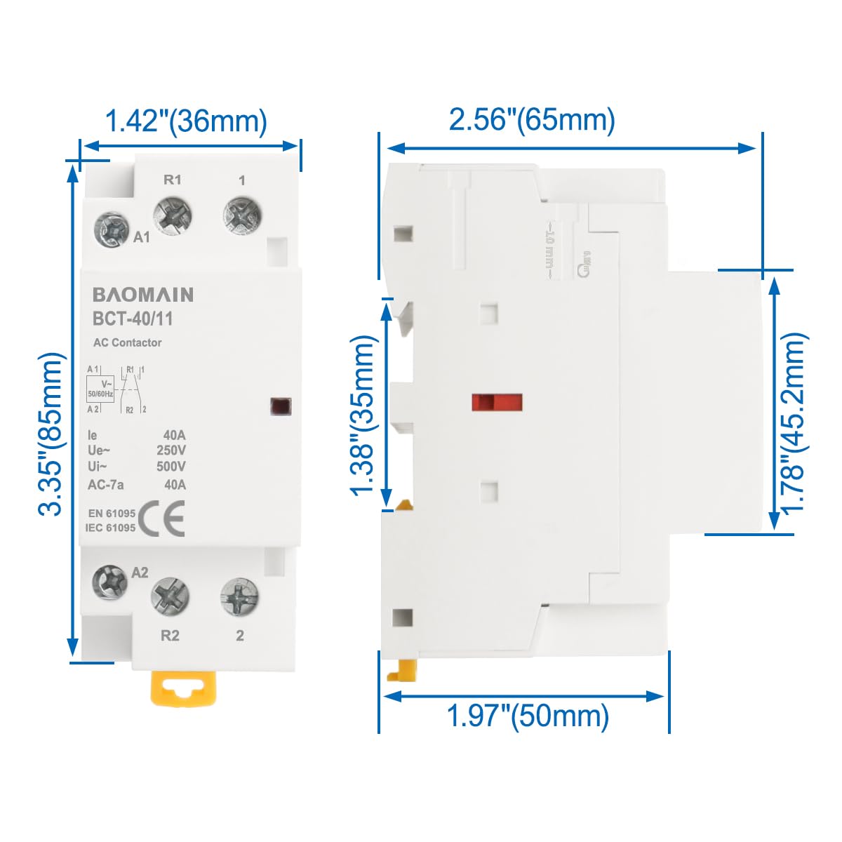 BAOMAIN 220V AC 2-Pole 40A Modular Contactor, 1NO1NC, DIN Rail Mount